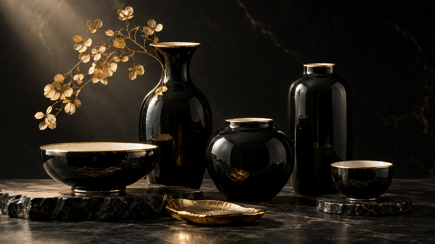Illustrative noir still life of black vessels with gold rims and dried gold foliage