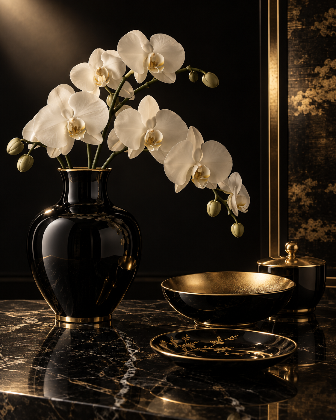 Illustrative noir still life of ivory orchids in a black vase beside gold-trimmed dishes